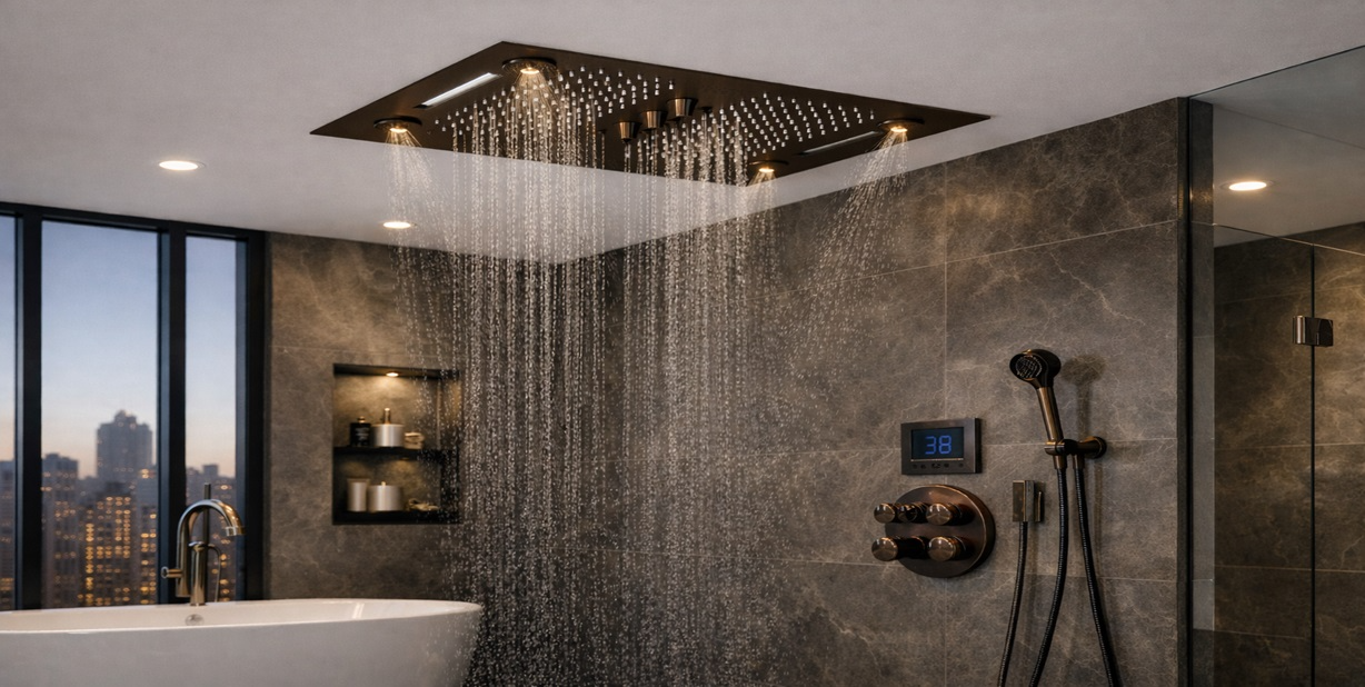 Fontana Occitania 2.5 GPM shower head in oil rubbed bronze shown in a modern bathroom